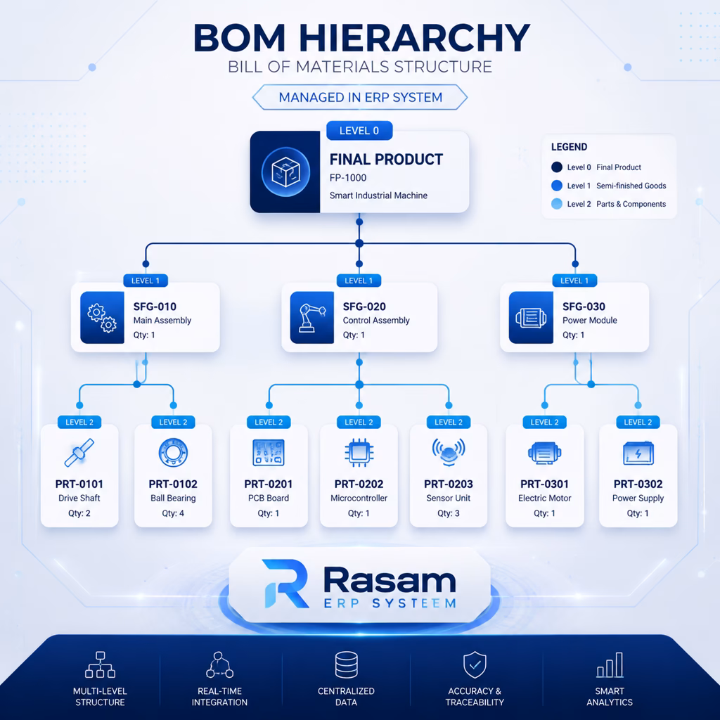 درخت محصول (BOM)؛ نقشهی مهندسیِ ساخت، از قطعه تا محصول نهایی - Rasam ERP